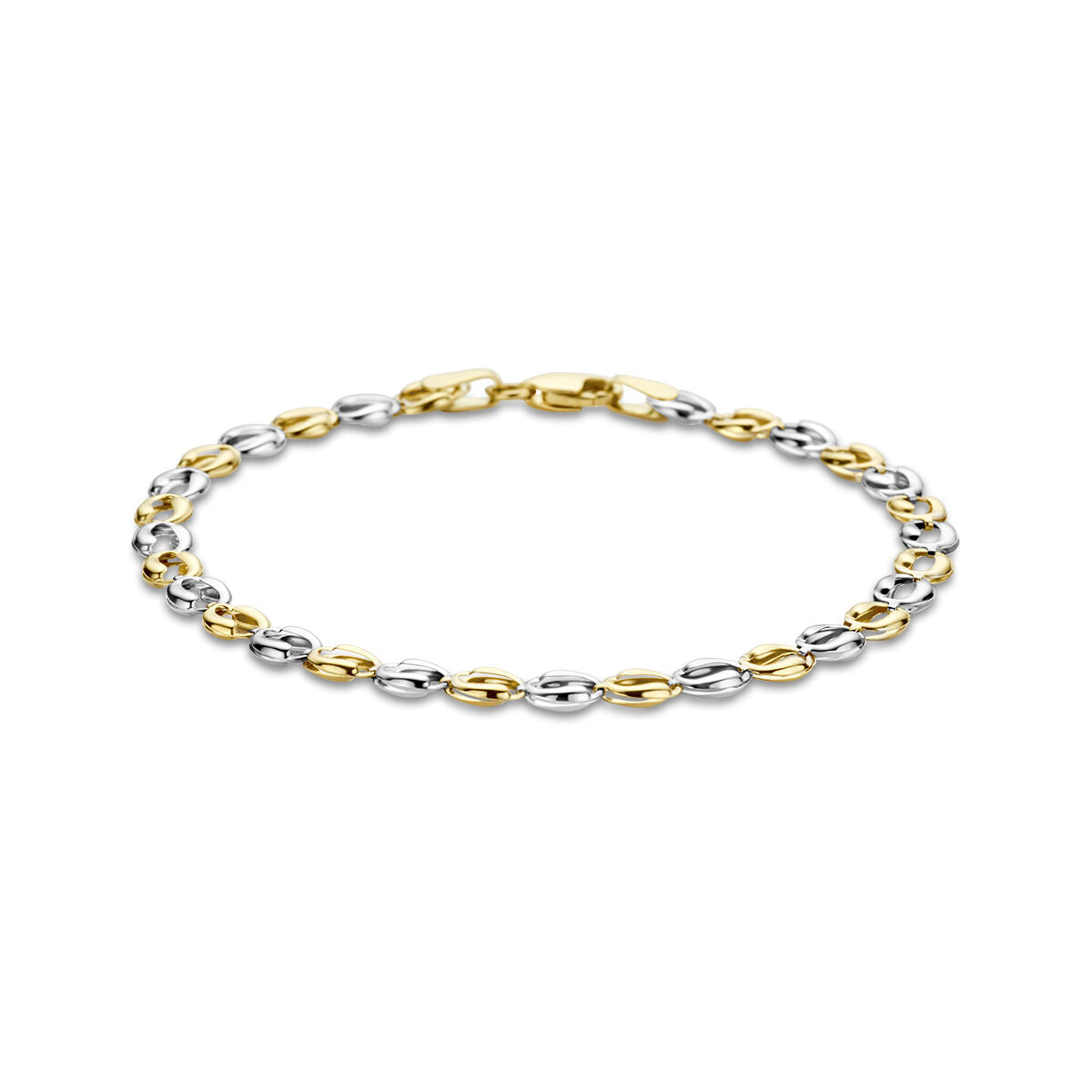 Bracciale bicolore in oro 14K con maglie ovali alternate argentate e dorate.