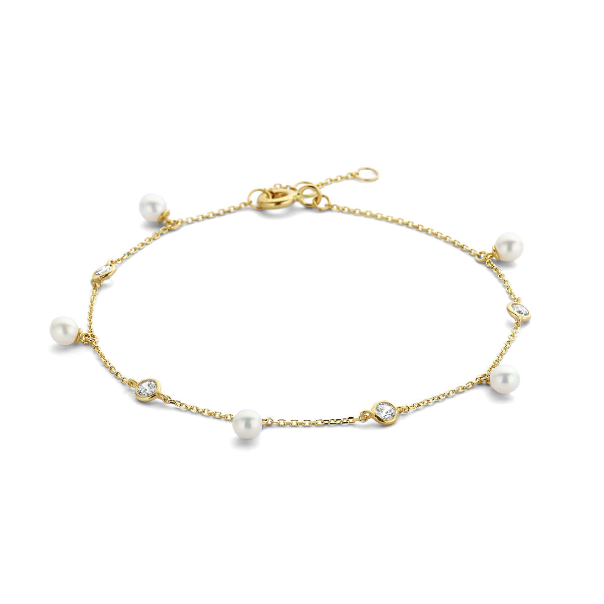 Bracciale in oro giallo 14K con perle e zirconi, lunghezze 16-17-18 cm.