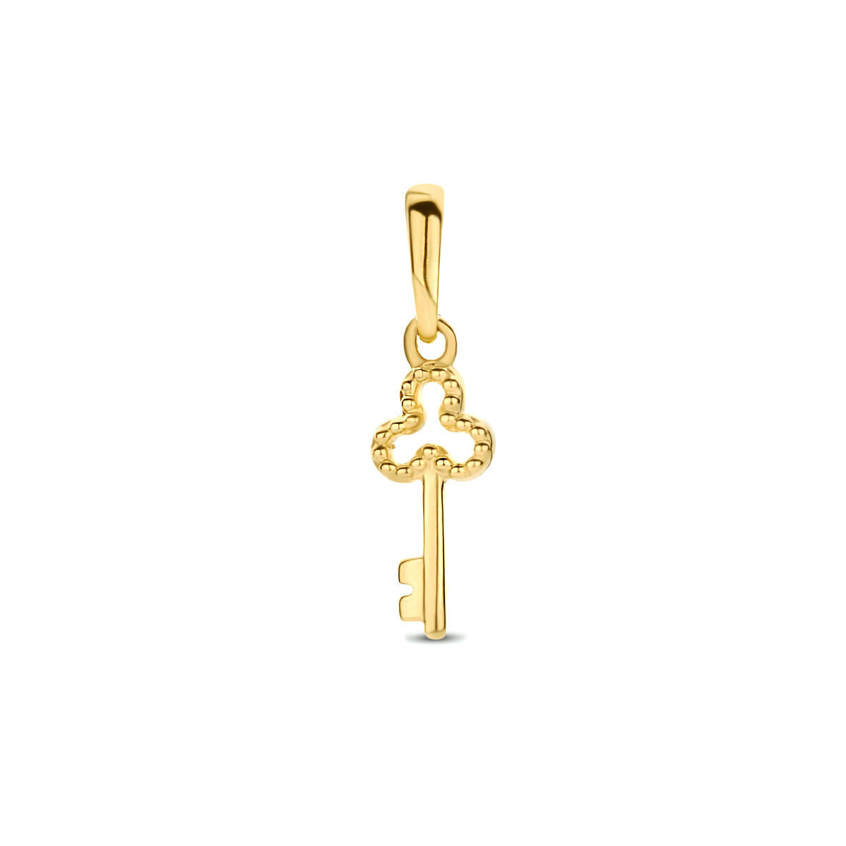 Ciondolo a forma di chiave in oro giallo 14K con dettagli incisi.