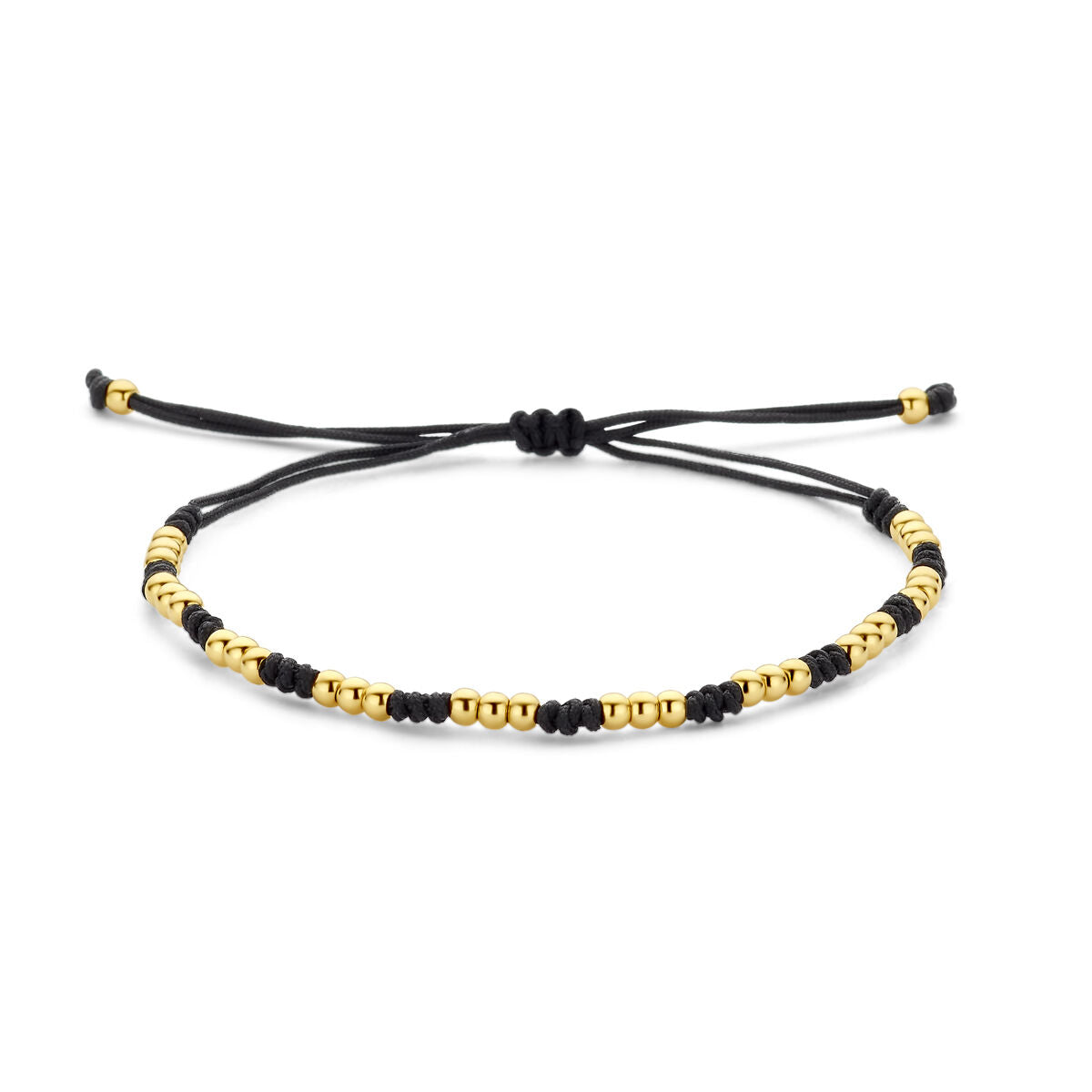 Bracciale in oro 14K con perline dorate e dettagli in nylon nero, regolabile da 13 a 26 cm.