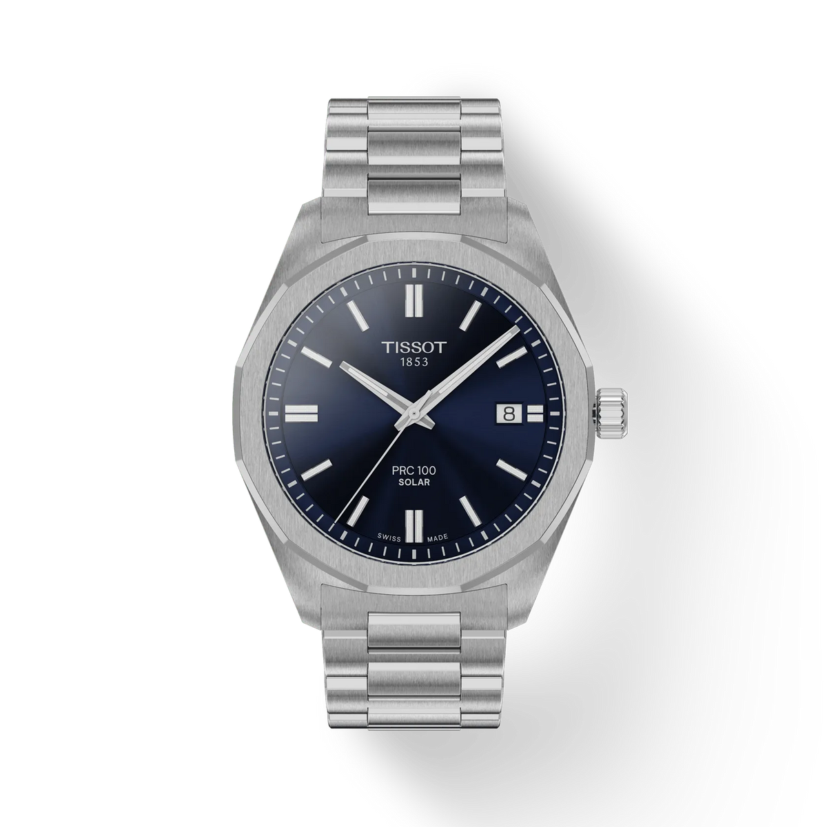 Orologio da uomo Tissot PRC 100 Solar con cassa in acciaio inox, quadrante blu e bracciale in acciaio.