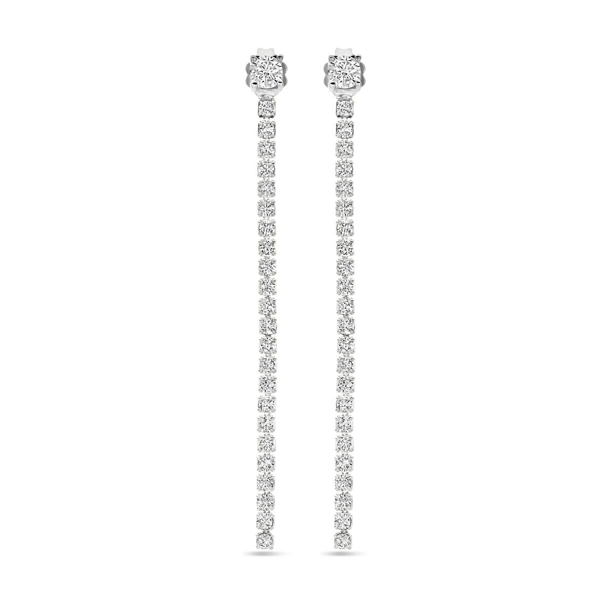Orecchini pendenti in argento rodiato con zirconi, lunghi 55 mm.