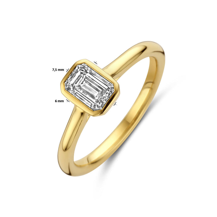 De Van der Kooij Collectie ring lab grown diamant 1.0ct H SI 14K geelgoud heeft een rechthoekige, smaragd geslepen diamant (ca. 7,5x6 mm) in een bezelzetting voor een elegante look.