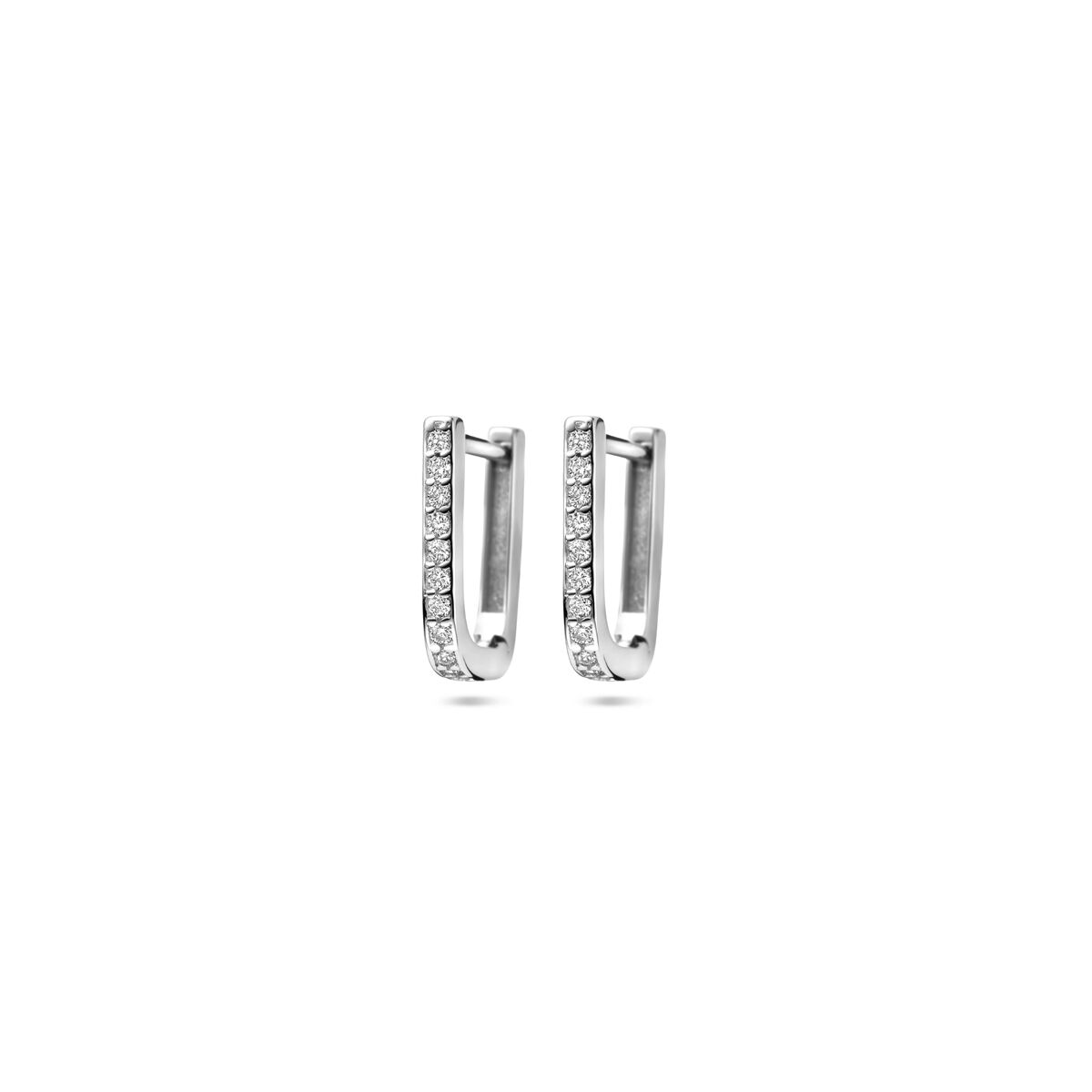 Orecchini alla creola in argento rodiato con zircone, misura 12 mm.