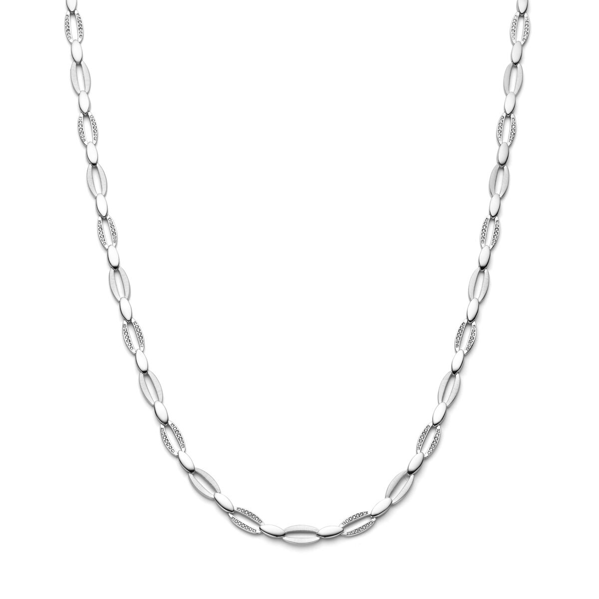 Collana in argento rodiato con maglie ovali lucide e opache, lunghezza 45 cm.