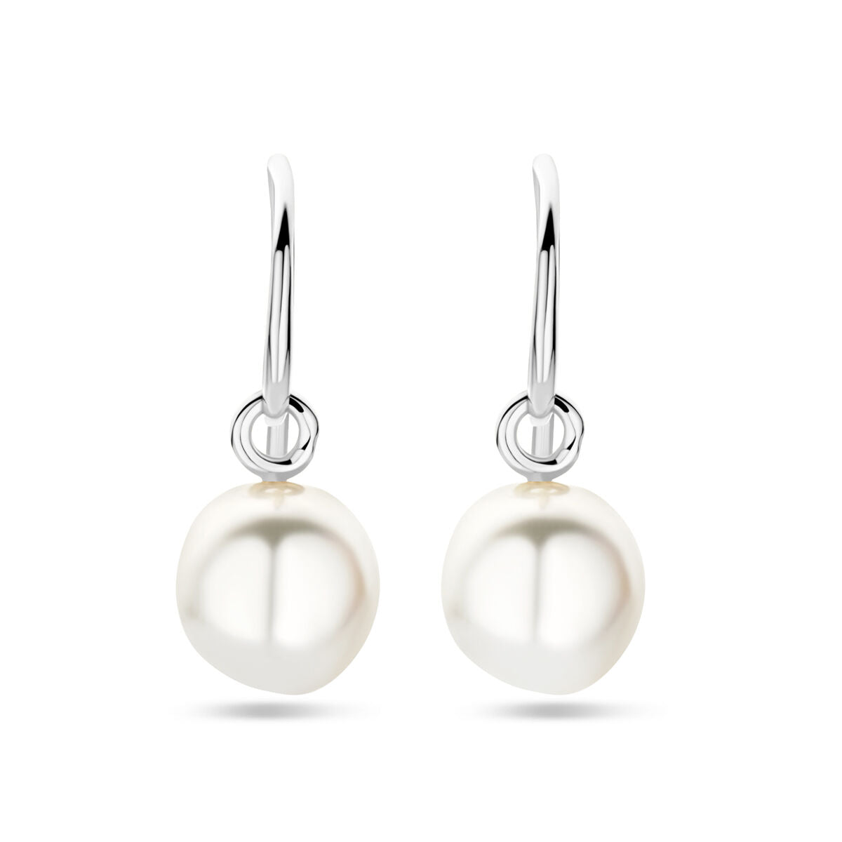 Orecchini alla creola in argento rodiato con perla bianca di 24 mm.