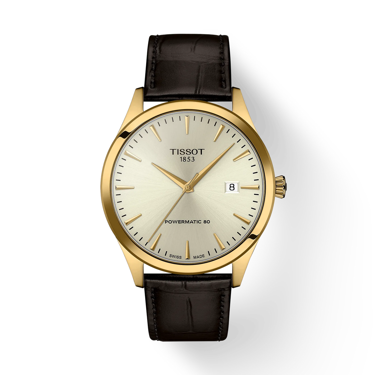 Orologio da uomo Tissot Classic Dream 40mm con cassa dorata, quadrante argentato e cinturino in pelle marrone.