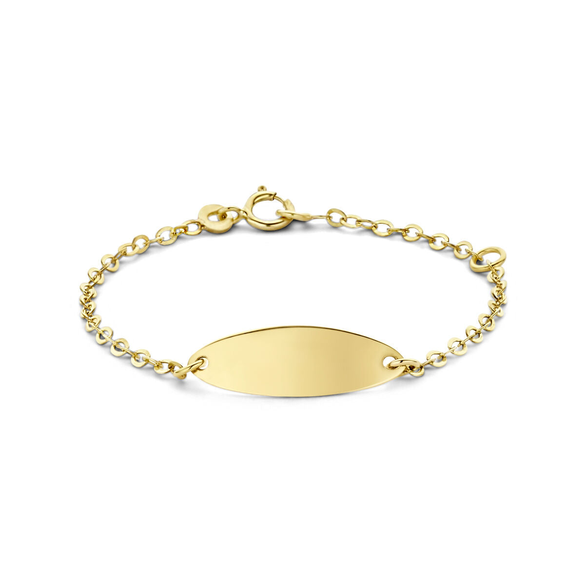 Bracciale in oro giallo 9 carati con placca ovale liscia e maglia rolò.