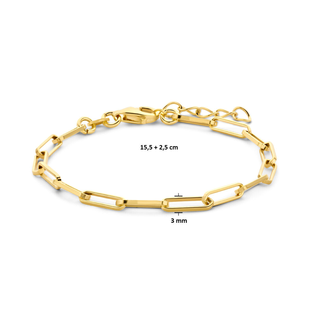 bracciale paperclip tubo quadrato 3,0 mm 15,5 + 2,5 cm 3 micron argento placcato oro (giallo)