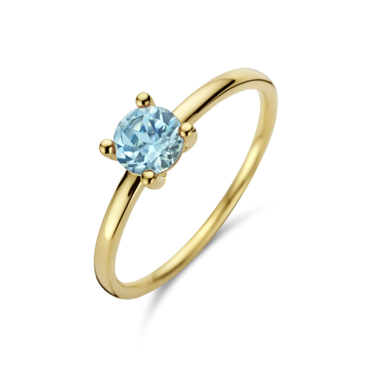 Anello in oro giallo 14K con topazio blu tondo.