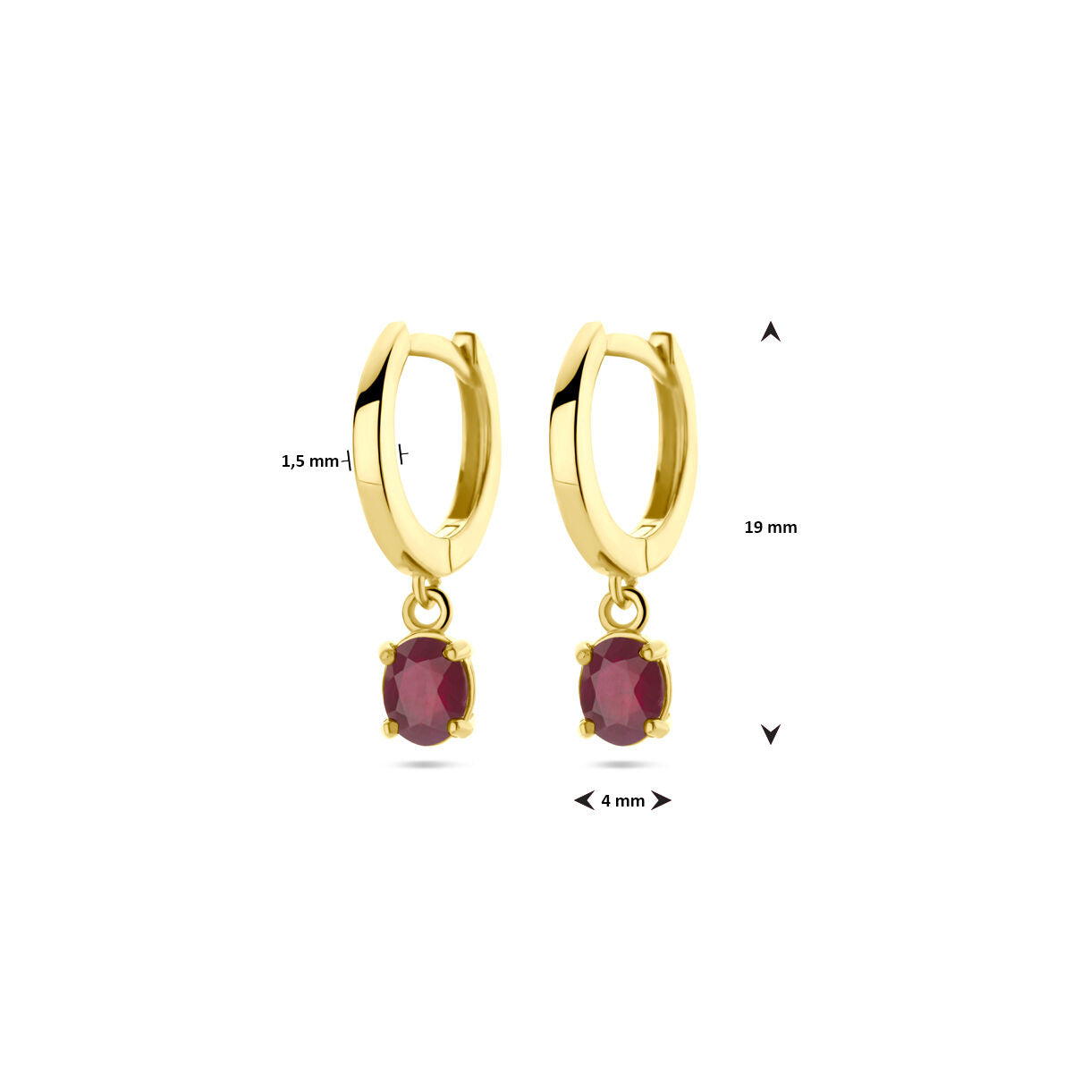 orecchini a cerniera rubino 19 mm 14K oro giallo