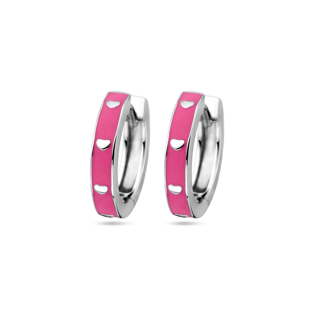 Roze emaille klapoorringen van gerhodineerd zilver met hartvormige uitsparingen.