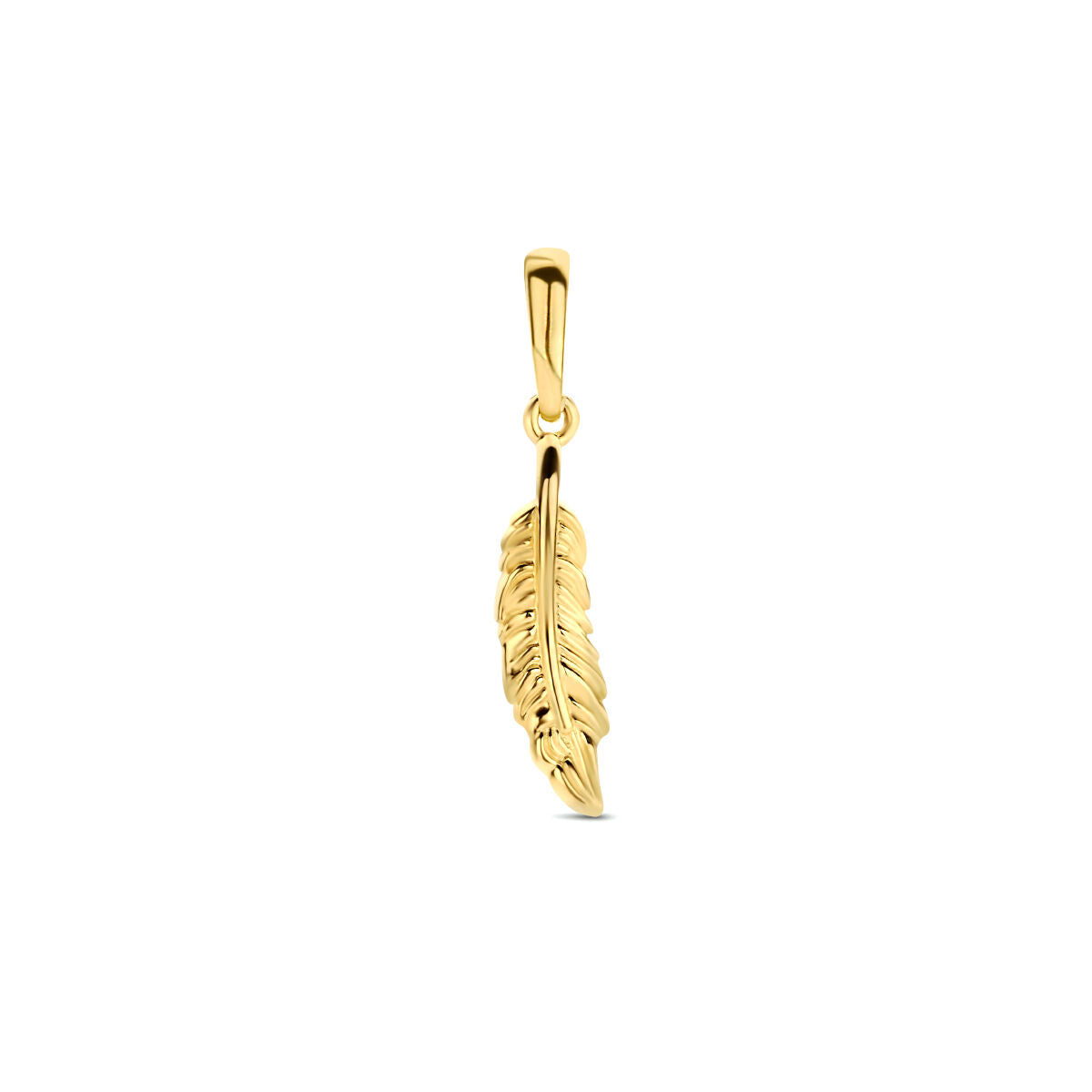 Ciondolo a forma di piuma in oro giallo 14K.