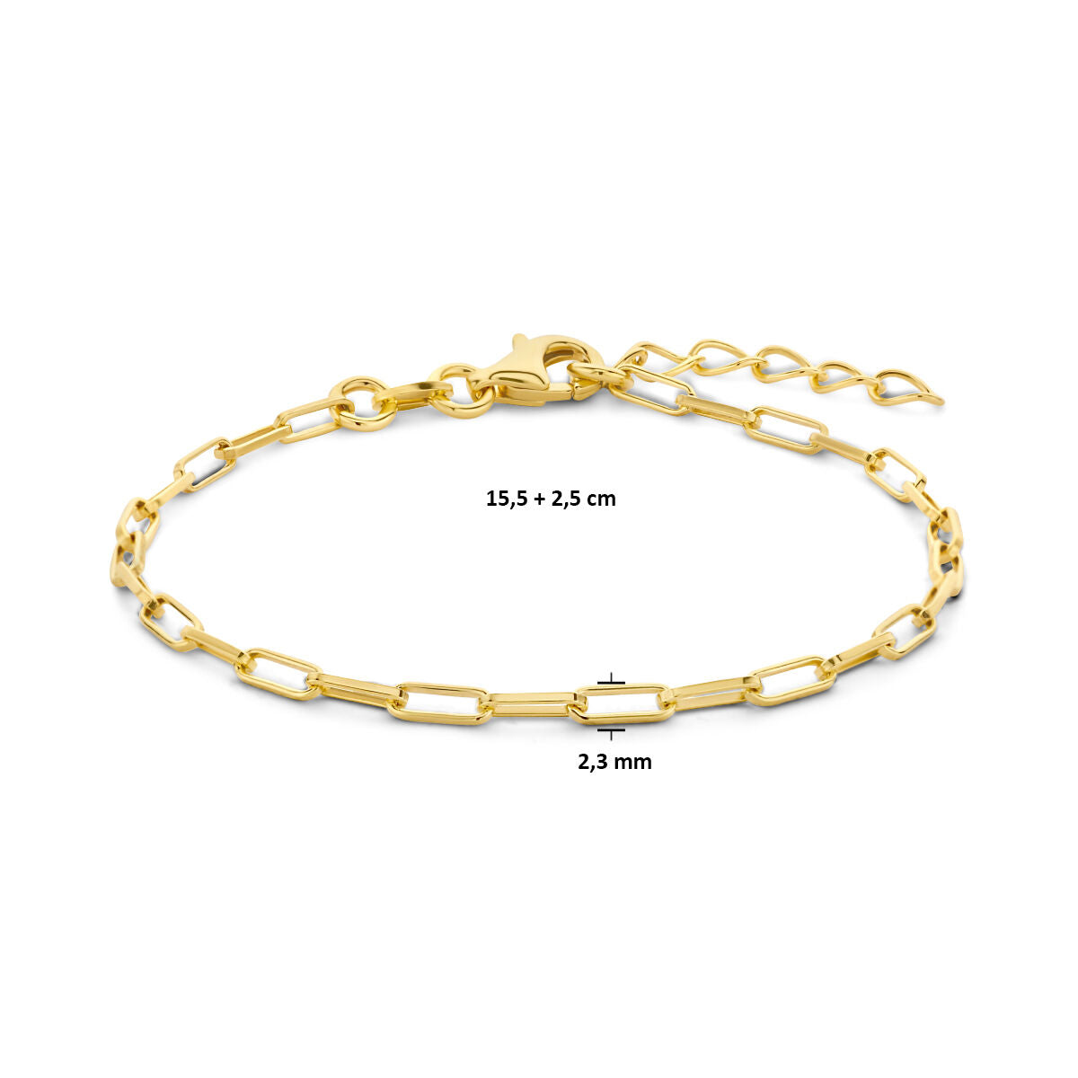 bracciale paperclip tubo quadrato 2,3 mm 15,5 + 2,5 cm 3 micron argento dorato (giallo)