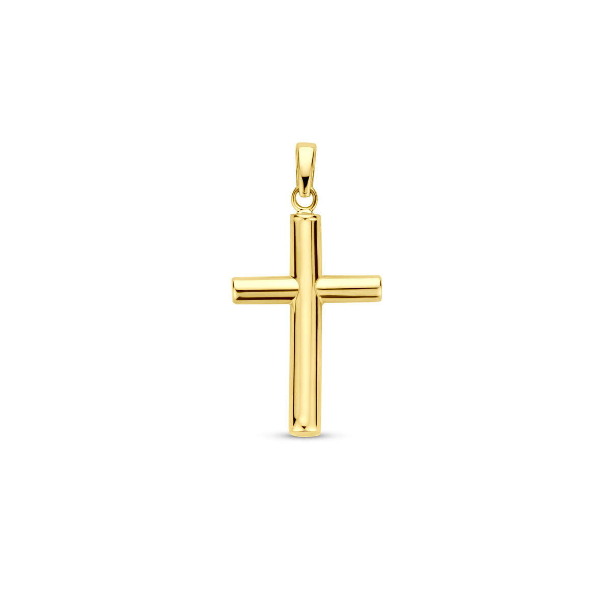 Ciondolo a croce in oro giallo 14K, dimensione 28 mm, finitura lucida.