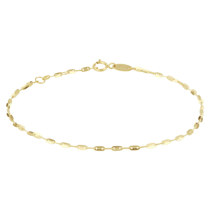 Het Van der Kooij Collectie enkelbandje plaatjes 1,5 mm 24-26 cm is een delicaat 14K geelgouden enkelbandje met kleine ovale schakels en een veerringsluiting, afgebeeld op een witte achtergrond.