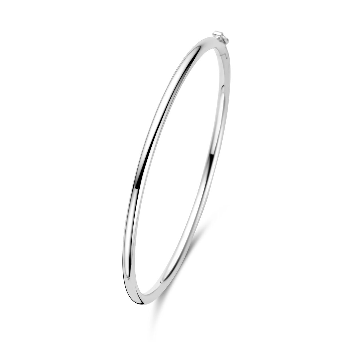 Bracciale rigido rotondo in argento rodiato, diametro 60 mm, con chiusura a cerniera.