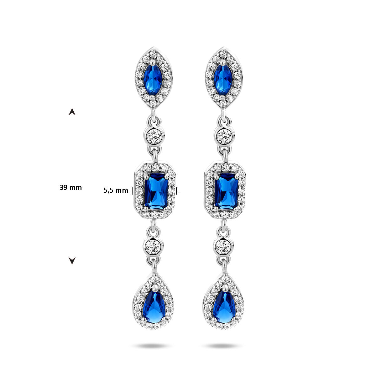 orecchini pendenti zirconia zaffiro bianco e blu argento rodiato