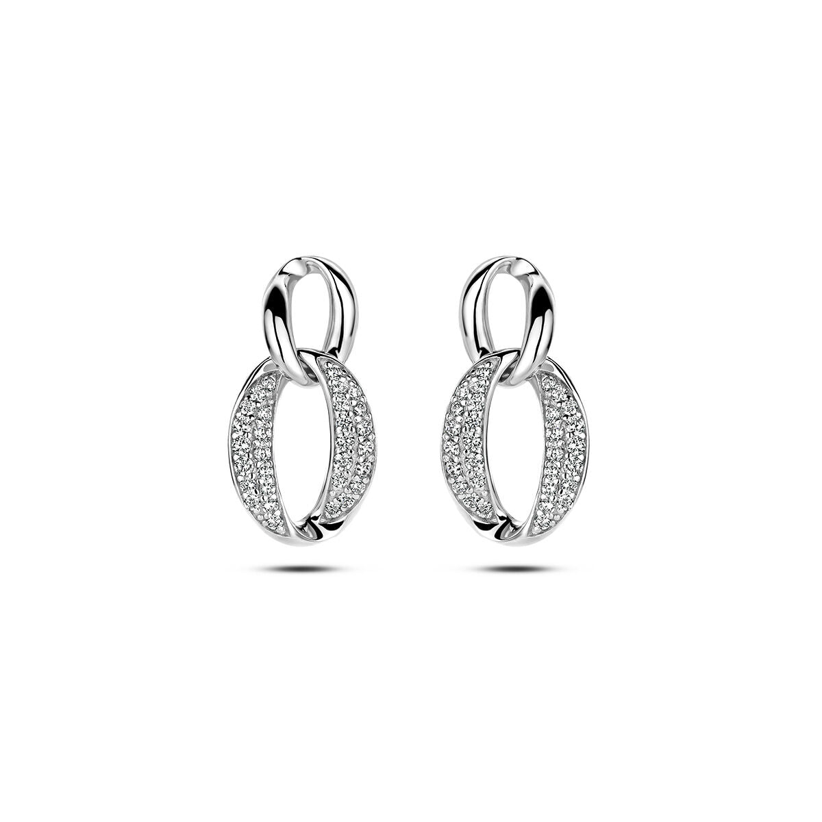 Orecchini in argento rodiato con zircone, forma ovale e dettagli scintillanti.