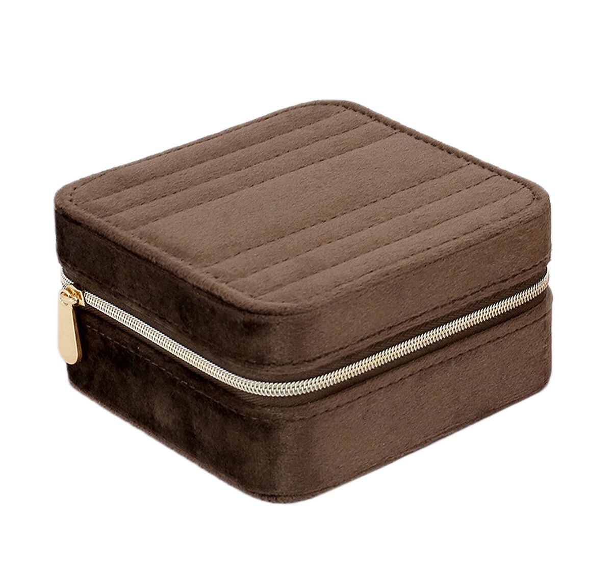 Scatola per gioielli marrone con zip, forma quadrata e finitura morbida.