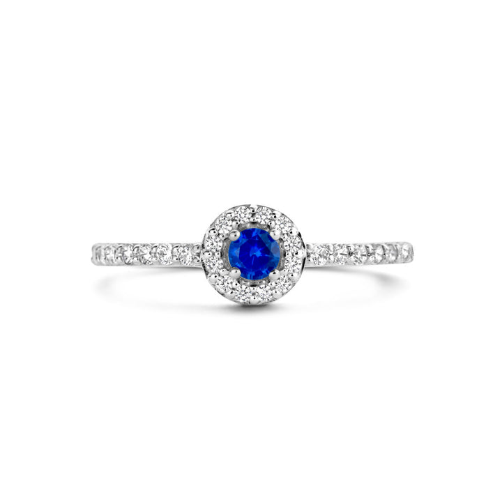 ring synth. saffier en zirkonia halo zilver gerhodineerd