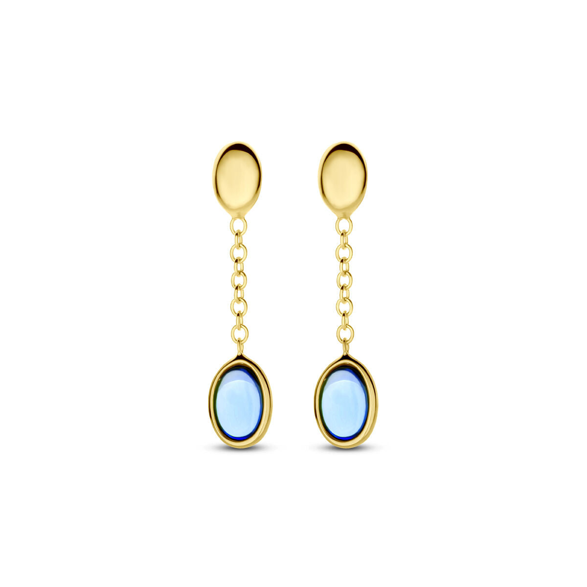 Orecchini in oro giallo 14K con topazio blu londinese, pendenti di 26 mm.
