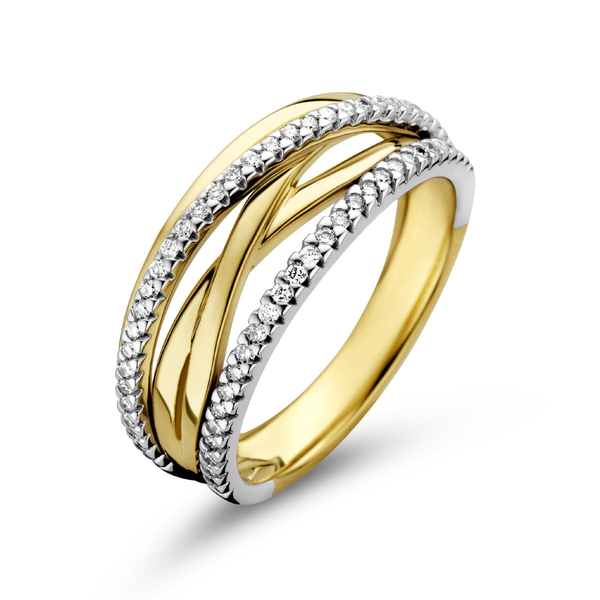 Anello in oro bicolore giallo e bianco con diamanti da 0,25 ct, design intrecciato.