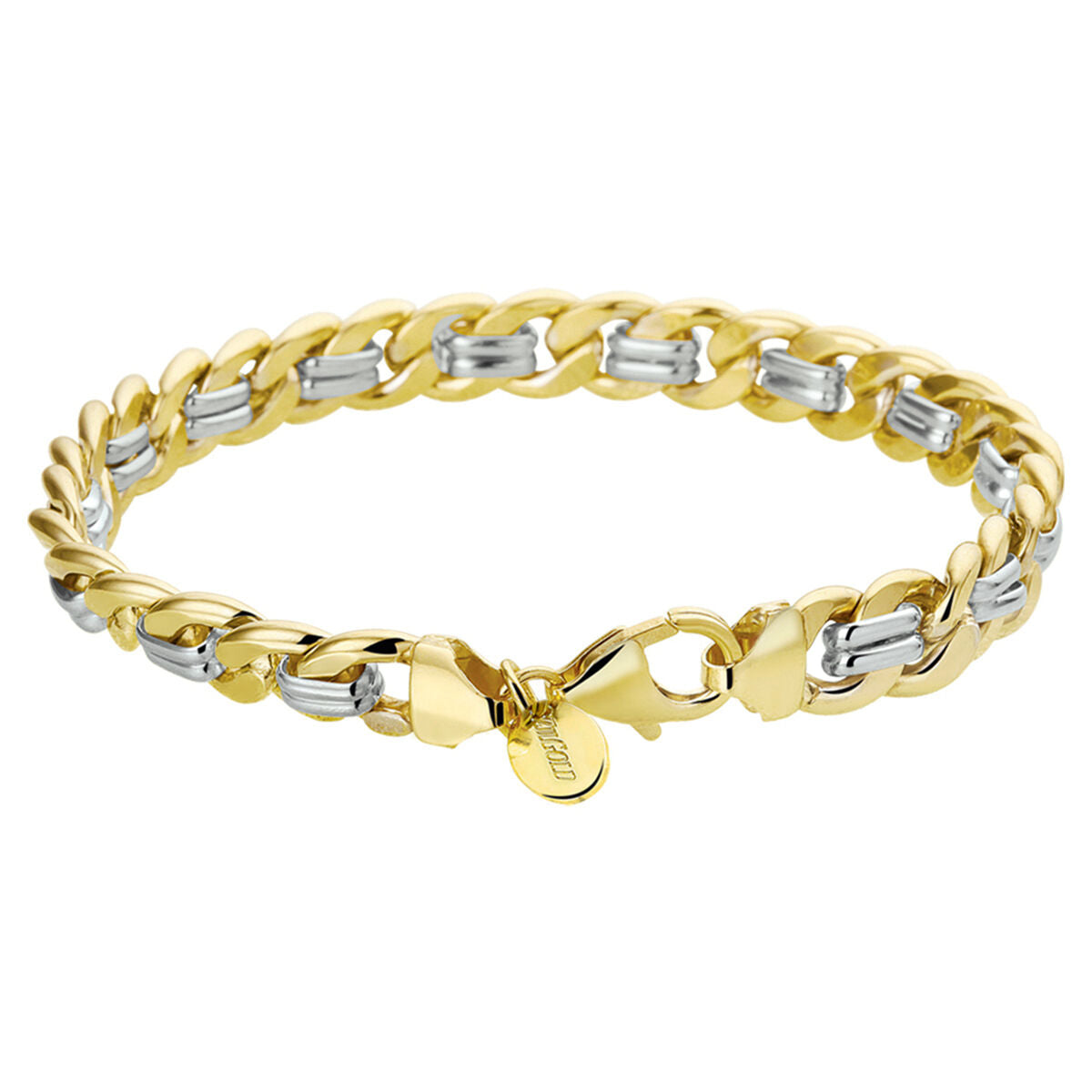 Bracciale in oro bicolore con maglia rolò e finitura lucida, larghezza 8 mm.