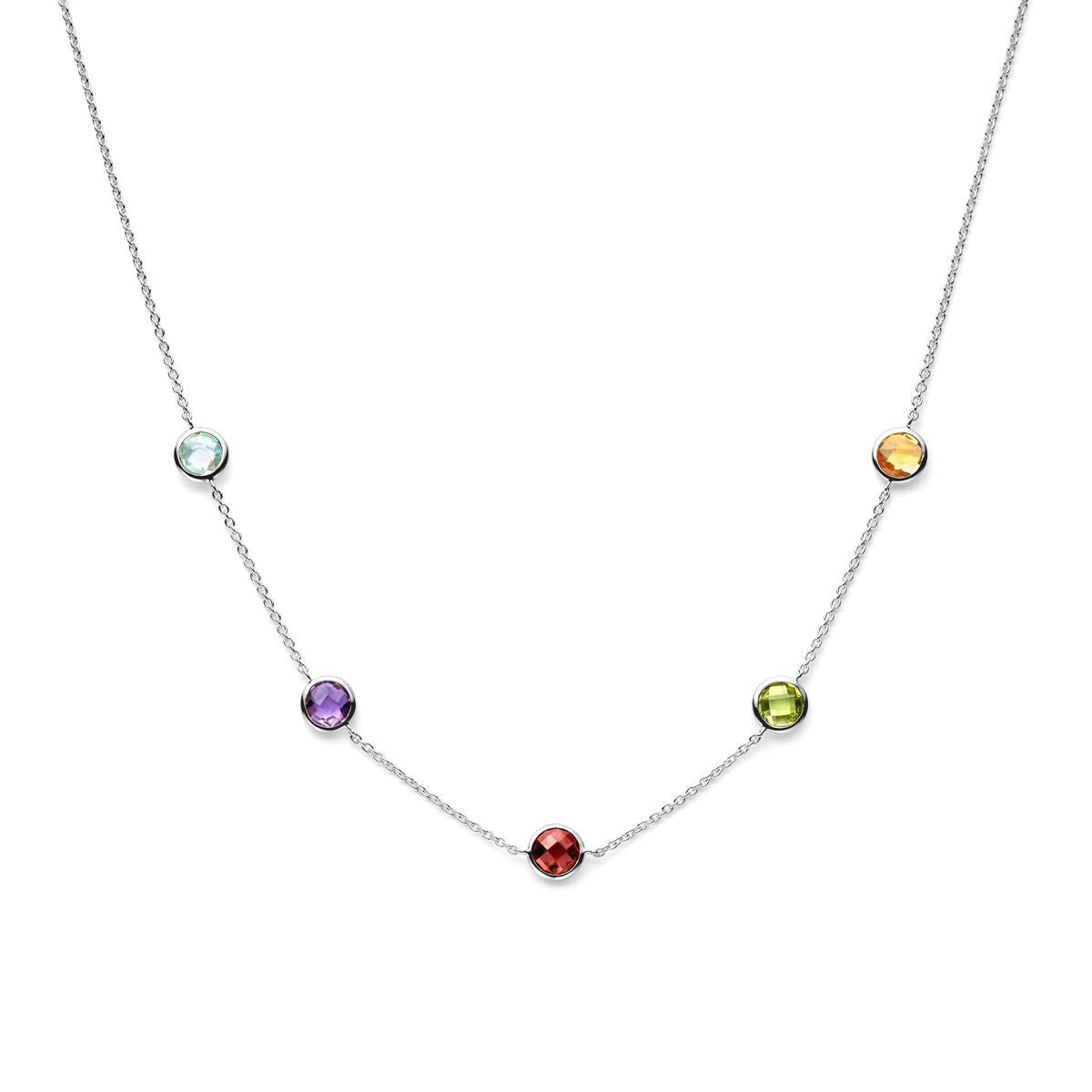Collana in argento rodiato con pietre colorate, composta da sei gemme incastonate.