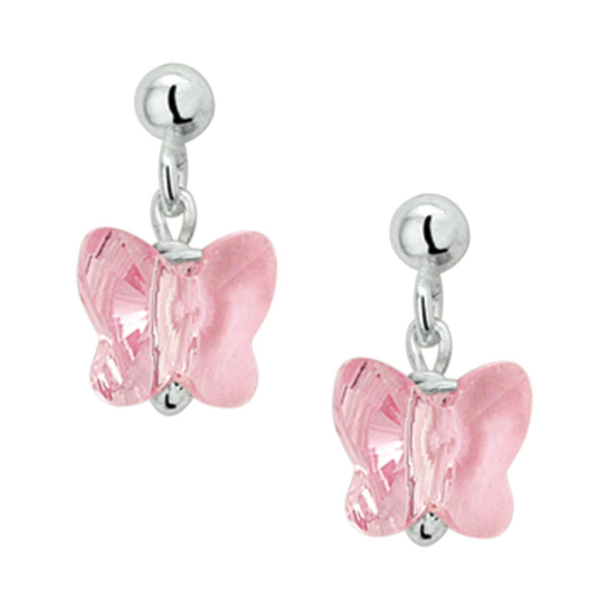 Orecchini a forma di farfalla in strass rosa con finitura in argento rodiato.