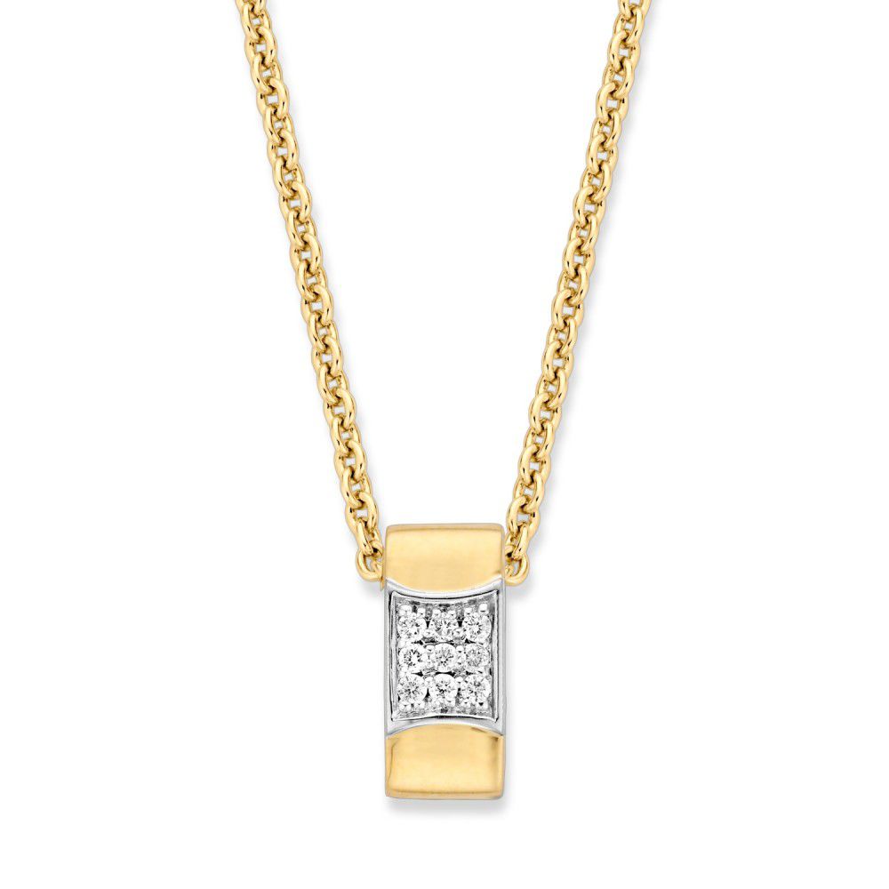 Collana in oro giallo con ciondolo rettangolare e diamanti in pavé, 14 carati.