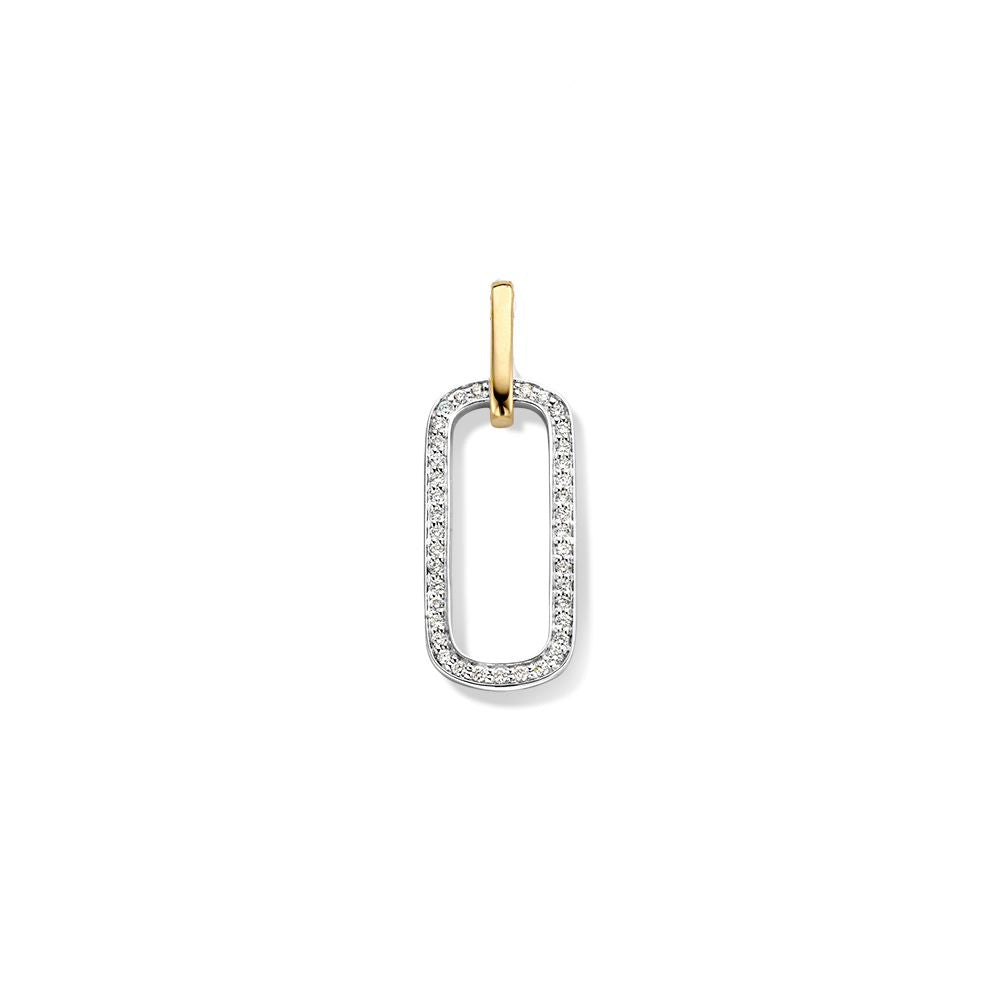 Ciondolo in oro giallo e bianco 14 carati con design distintivo, decorato con diamanti da 0,14 crt.