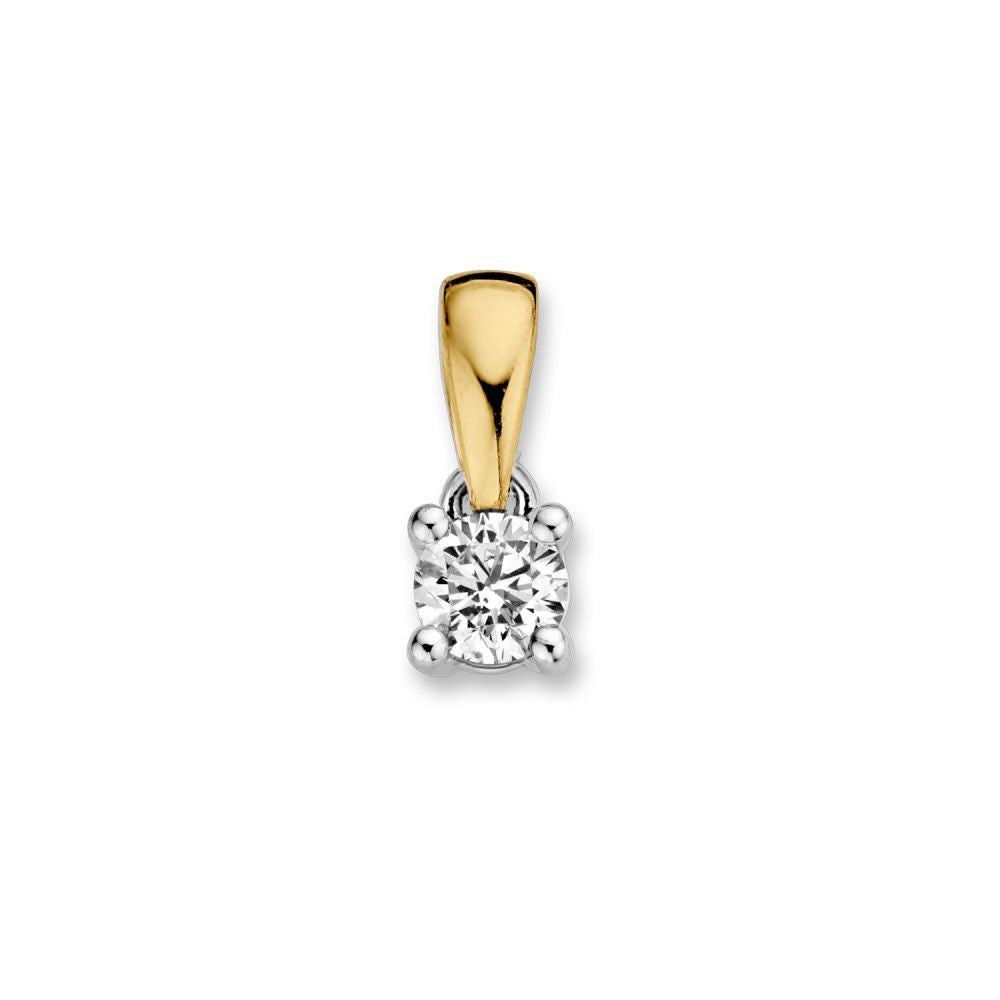 Ciondolo solitario bicolore in oro 14 carati con diamante brillante da 0,16 ct.