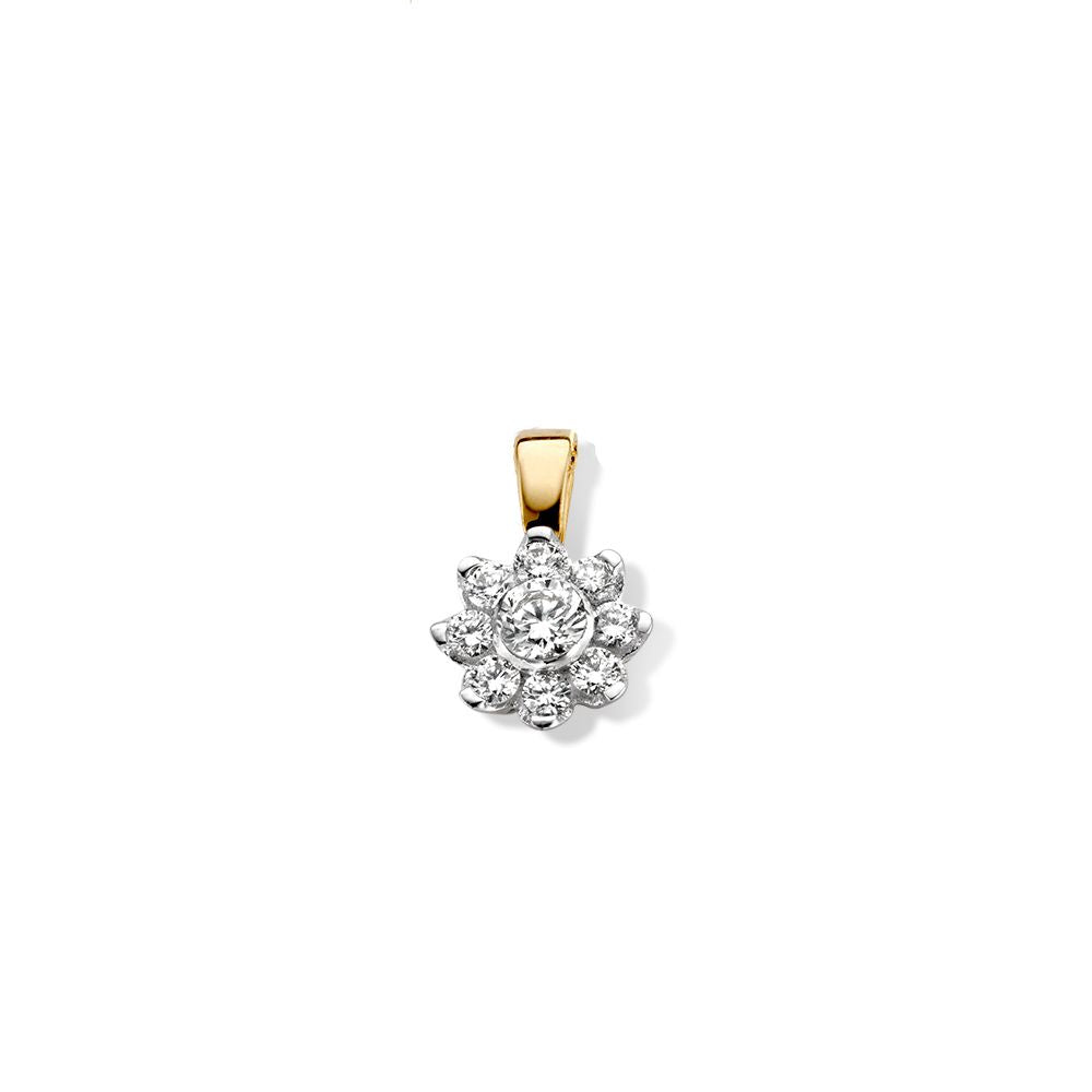 Ciondolo in oro giallo con diamanti brillanti, design a fiore, 14 carati, 0,21 crt.