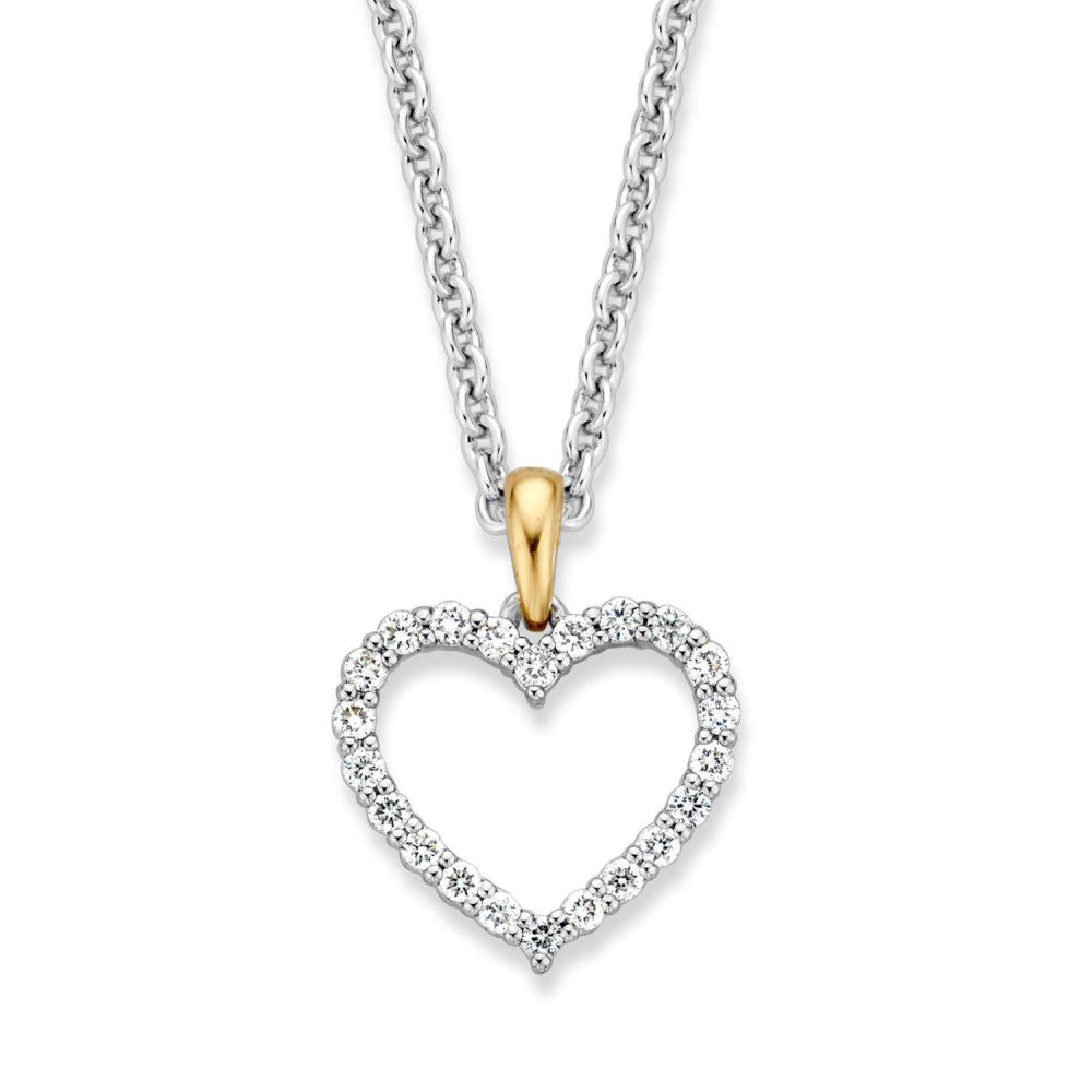 Ciondolo a forma di cuore in oro con diamanti brillanti da 0,26 ct, pendente su catena argentata.