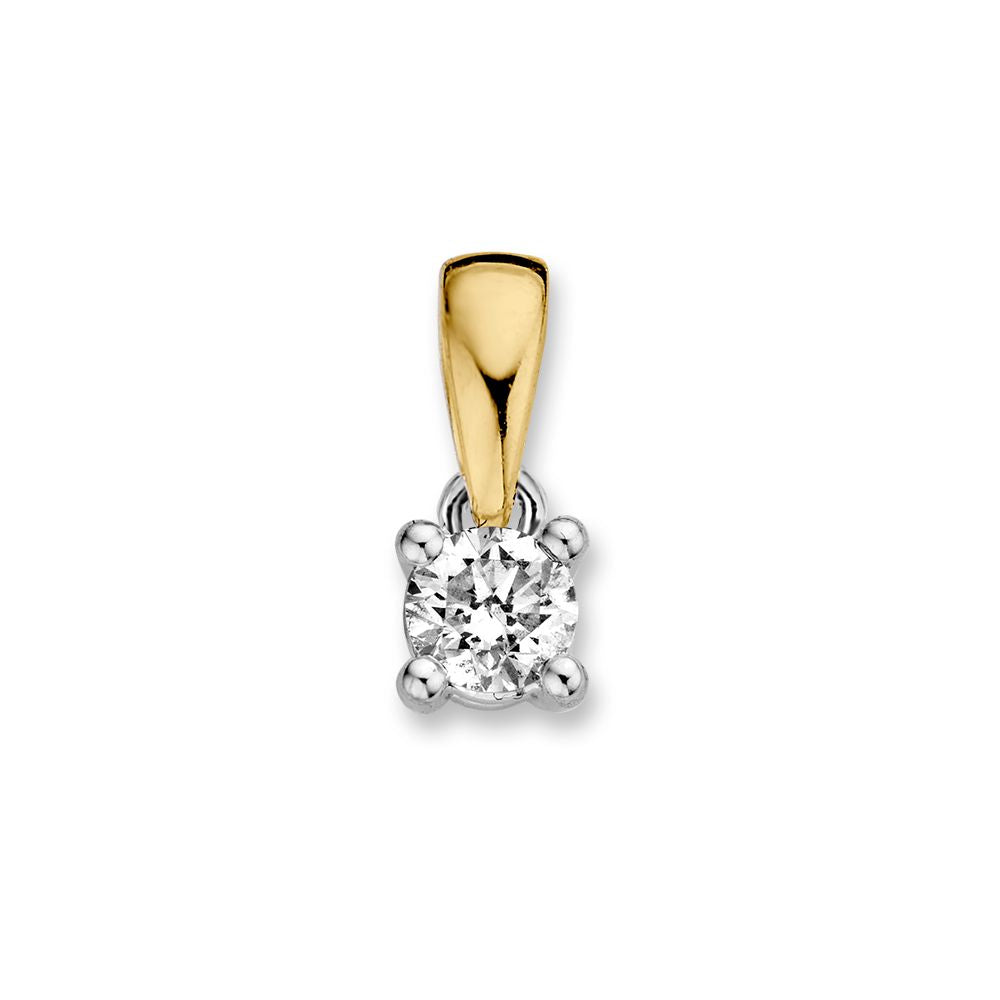 Ciondolo bicolore in oro con diamante da 0,30 crt in montatura a quattro griffe.