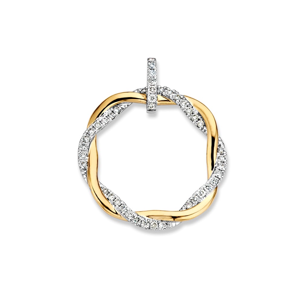 Ciondolo bicolore in oro con fascia intrecciata e diamanti.