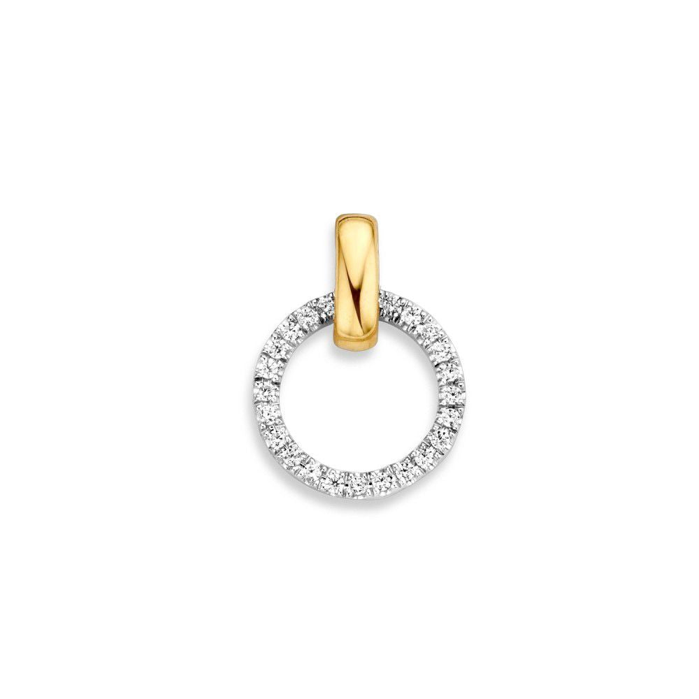 Ciondolo in oro giallo e bianco con zirconi, forma circolare con finitura lucida.