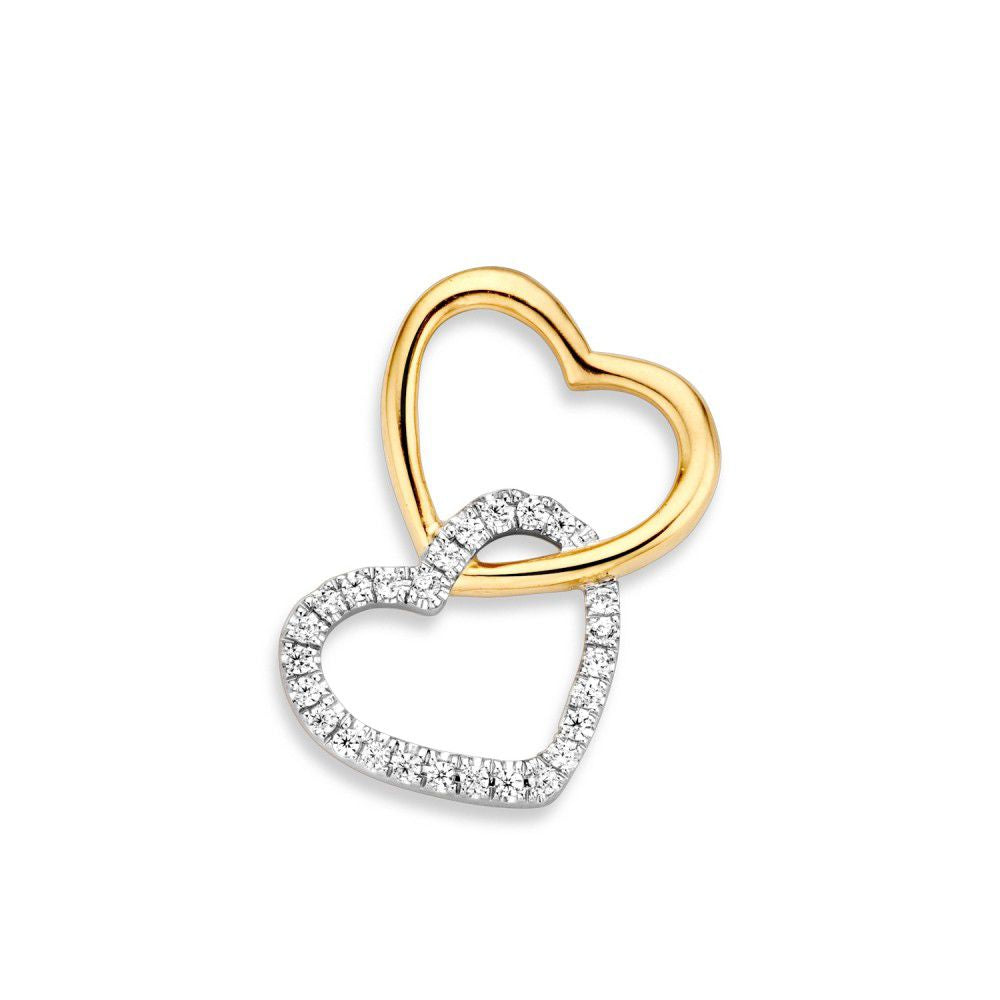 Ciondolo in oro giallo e bianco con due cuori intrecciate, decorate con zirconi.