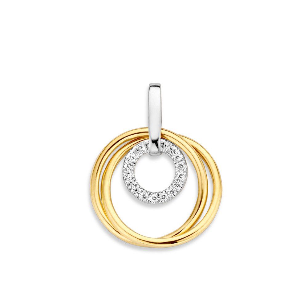Ciondolo bicolore in oro con zirconi, 14 carati, lungo 22 mm, con anello dorato e cerchio argentato.