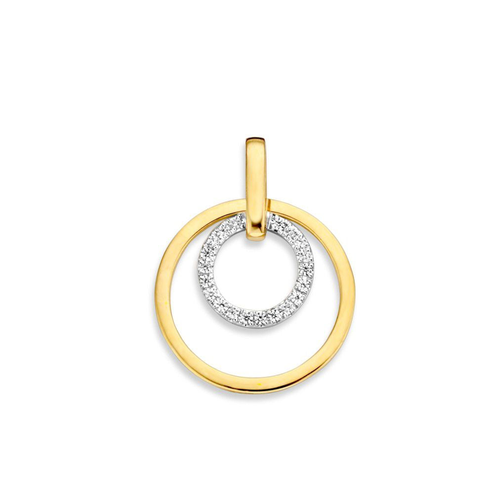 Ciondolo giocoso in oro con due cerchi sovrapposti, in oro giallo e bianco, diametro di 16 mm.