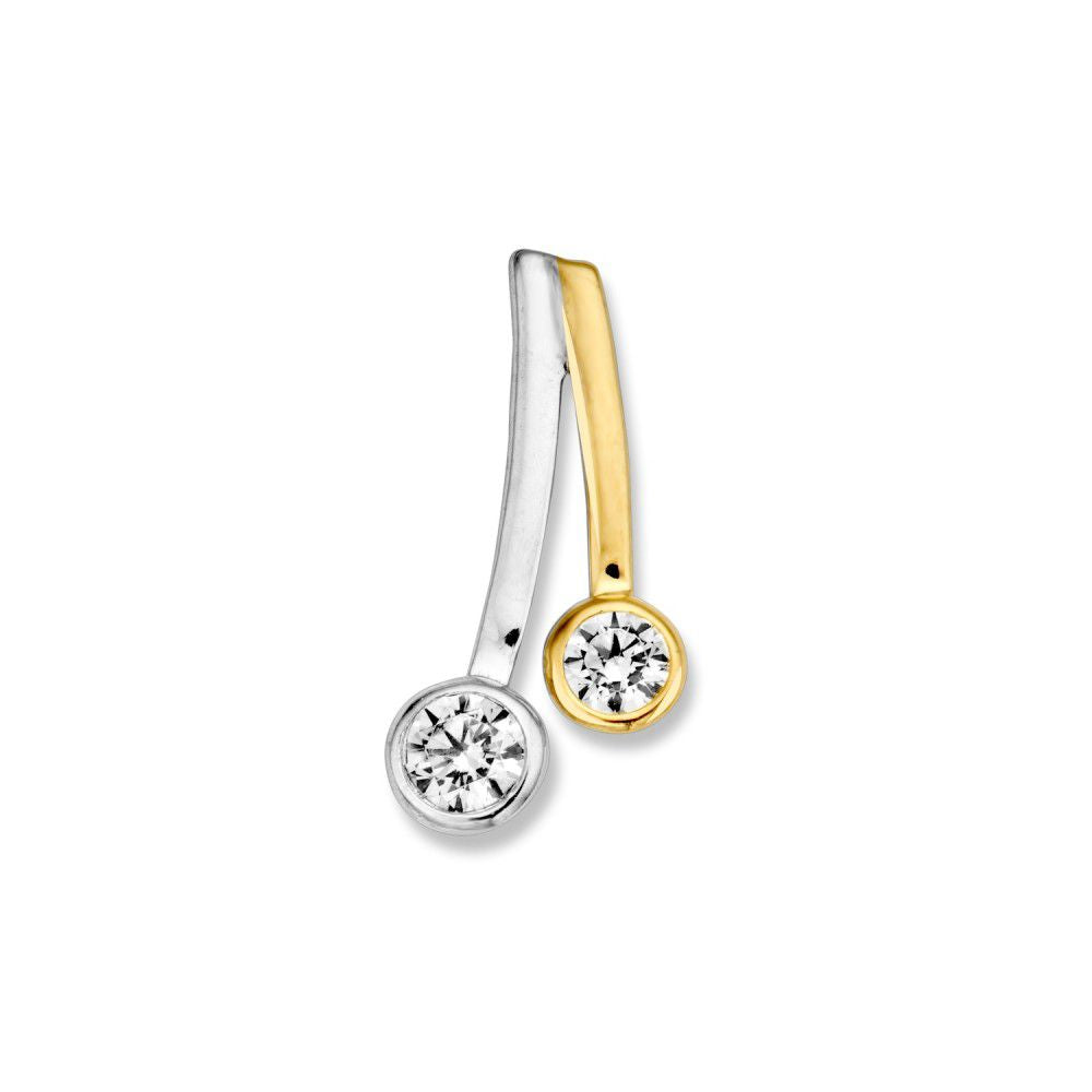 Ciondolo bicolore in oro bianco e giallo con zirconi, design elegante e senza tempo.