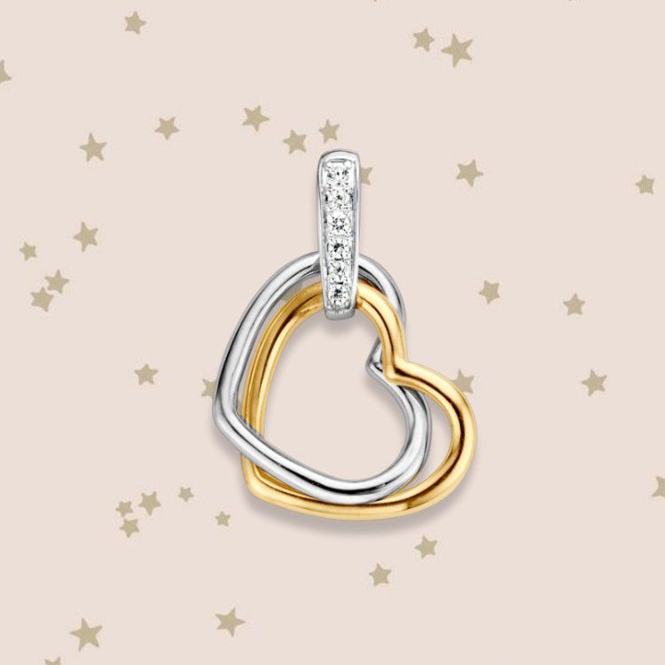 Ciondolo bicolore in oro a forma di cuore con zircone – oro giallo/bianco 14 carati