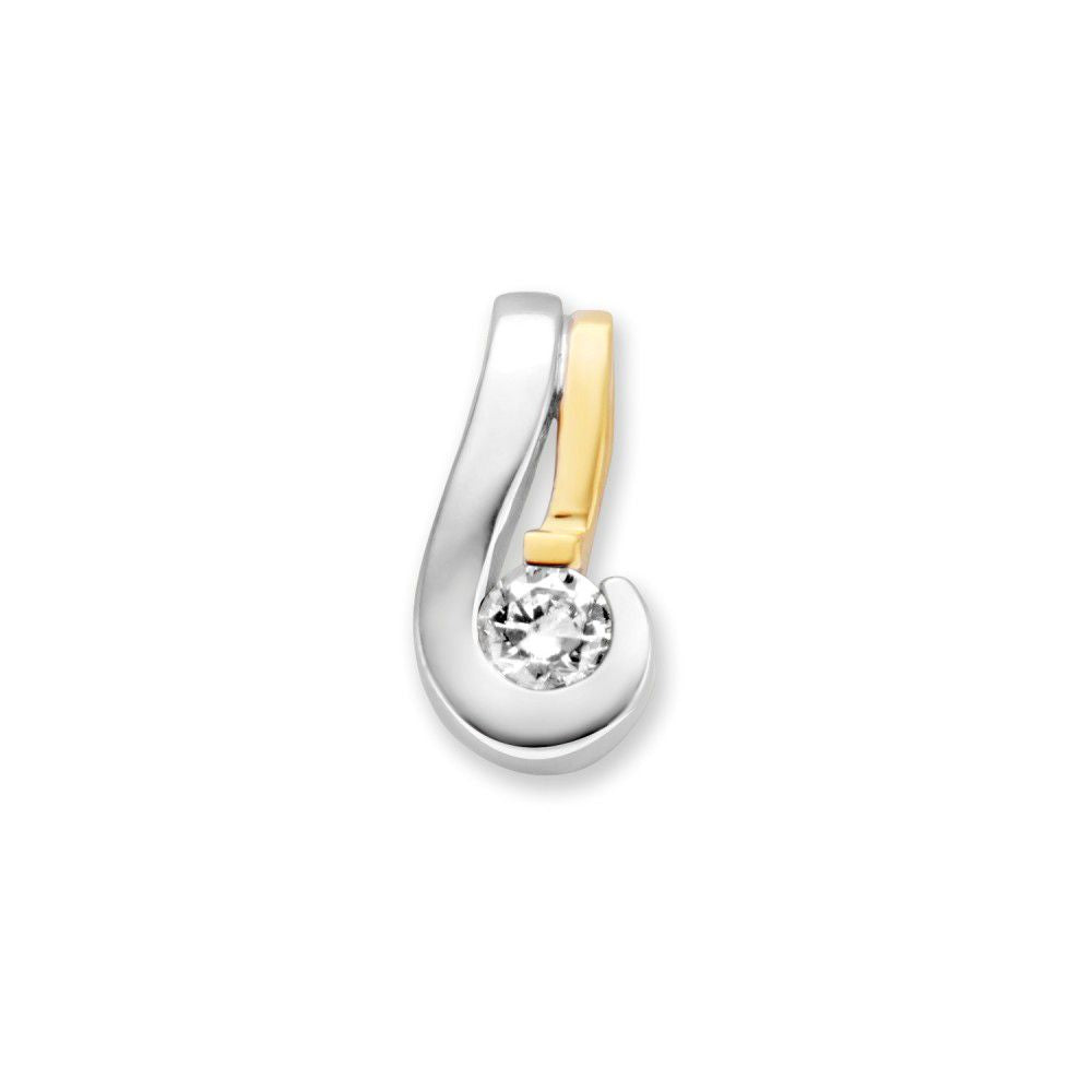 Ciondolo bicolore in oro bianco e giallo con zirconi, design sottile e chic.