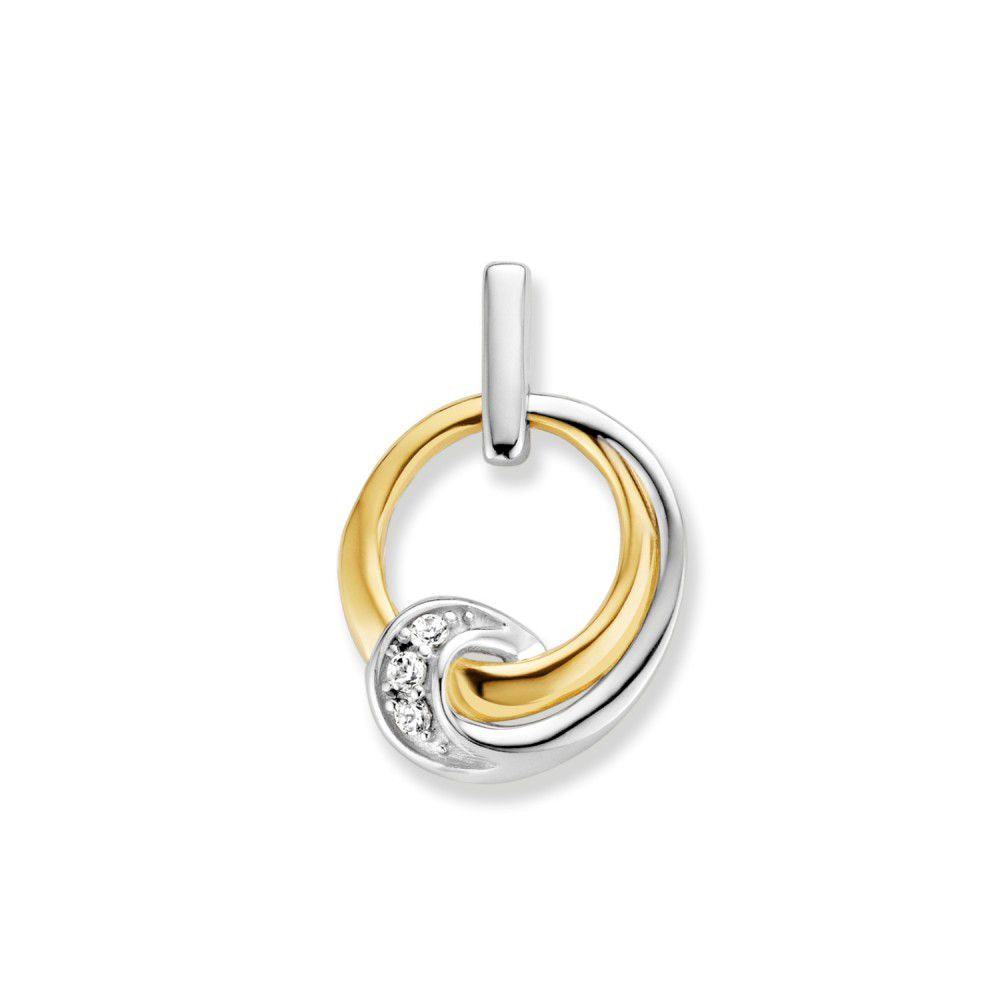 Ciondolo bicolore in oro bianco e giallo con zircone, design elegante e raffinato.