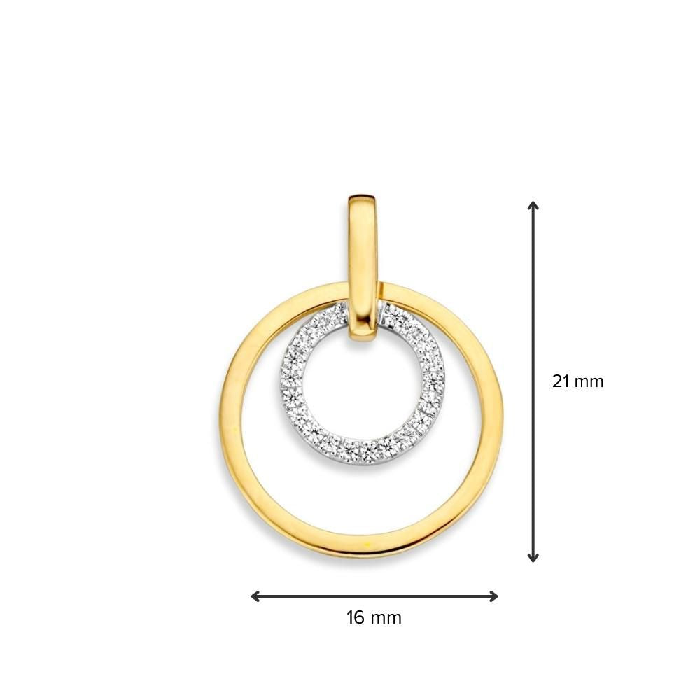 Ciondolo giocoso in oro con due cerchi intrecciati – oro giallo/bianco 14 carati – diametro 16 mm