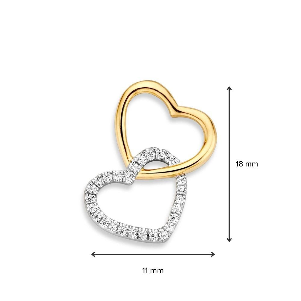 Ciondolo in Oro con Due Cuori Uniti – Oro Giallo/Bianco 14 Carati – Zirconia