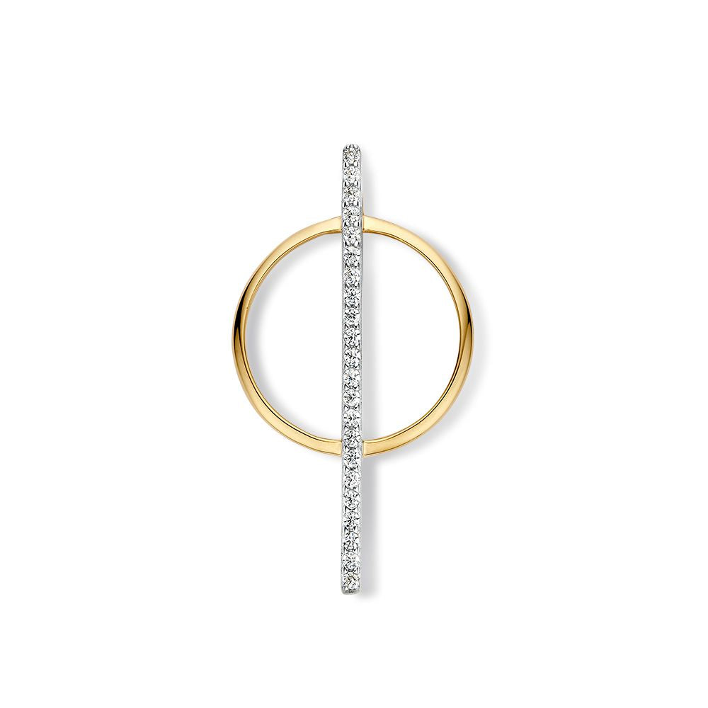 Ciondolo bicolore in oro bianco e giallo con zirconi, forma circolare e lineare.