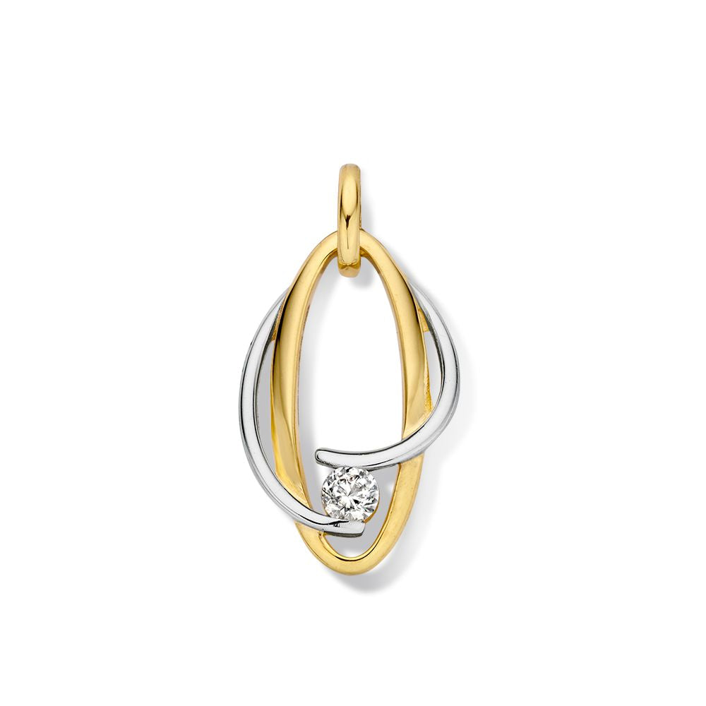 Ciondolo bicolore in oro bianco e giallo con zircone, forma ovale e dettagli intrecciati.