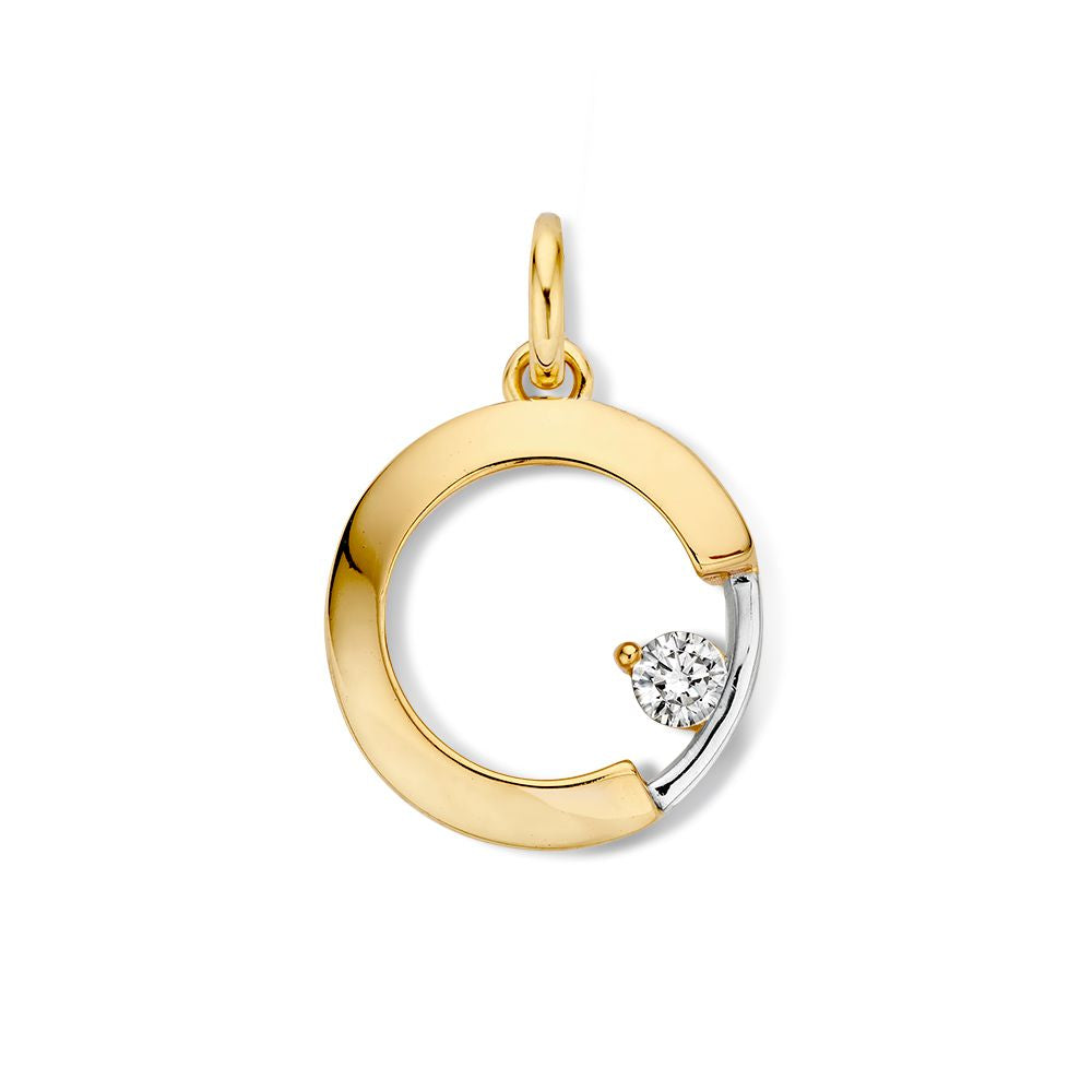 Ciondolo bicolore in oro giallo e bianco con zircone, forma circolare e dettagli raffinati.